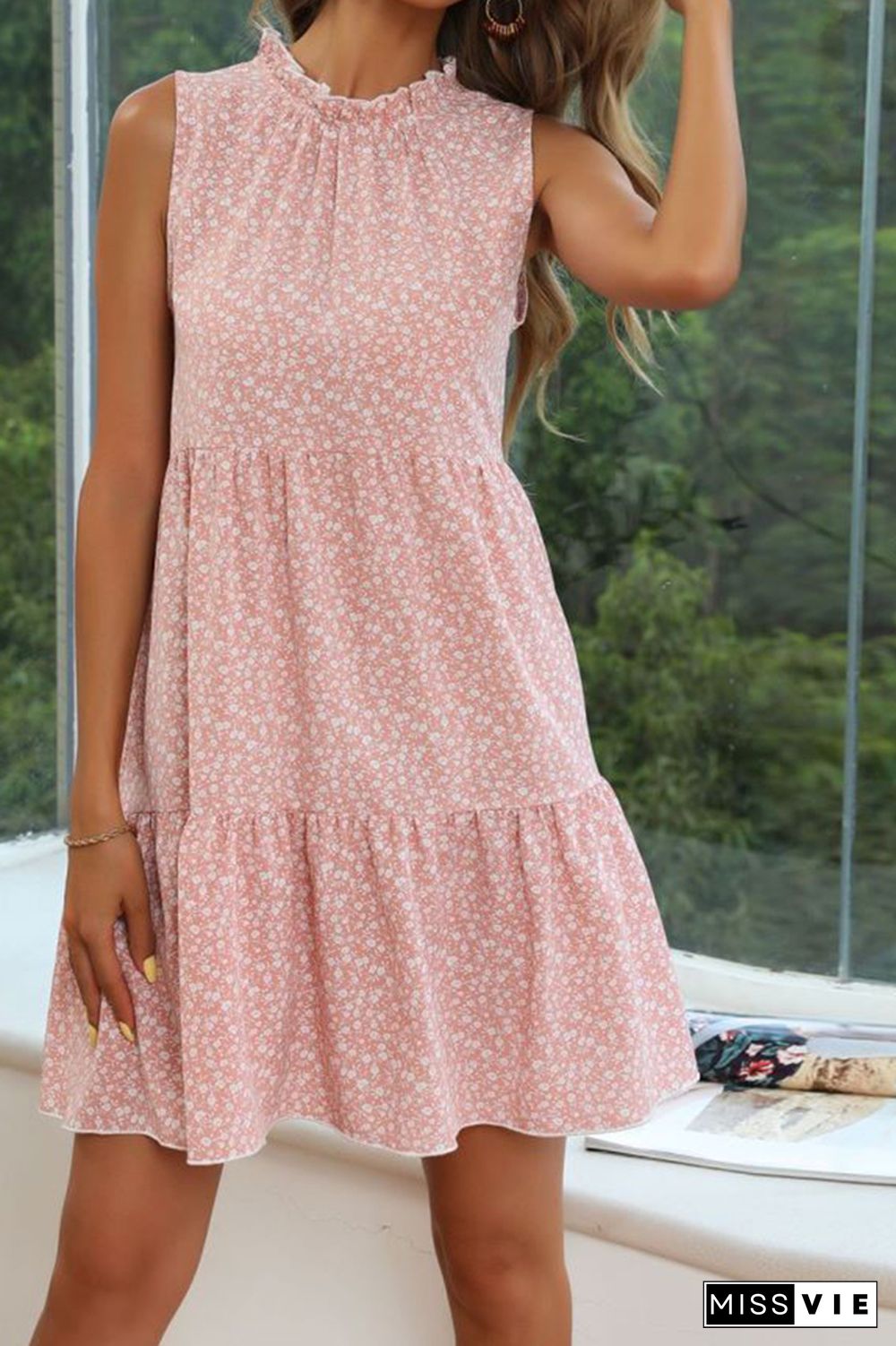 Pink Tiered Sleeveless Floral Dress