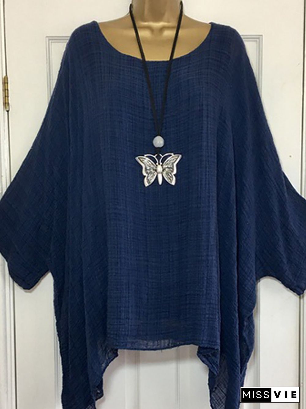 Printed/Dyed Casual Batwing Crew Neck Plus Size Blouse