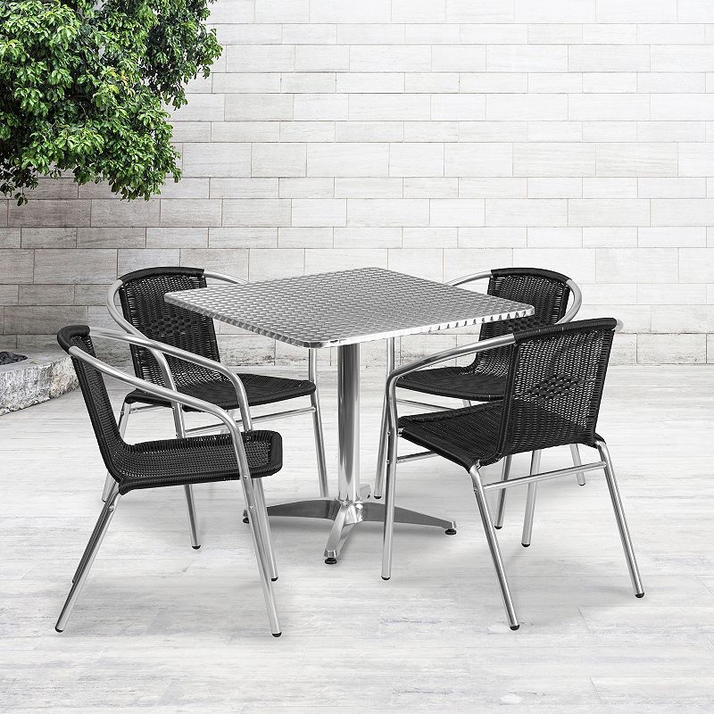 Emma and Oliver 31.5 Square Aluminum Table Set-4 Black Rattan Chairs