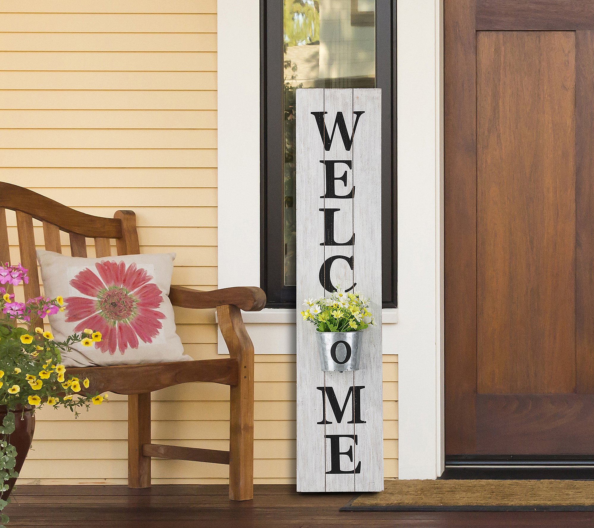 Glitzhome Wooden White WELCOME Porch Sign with  Planter