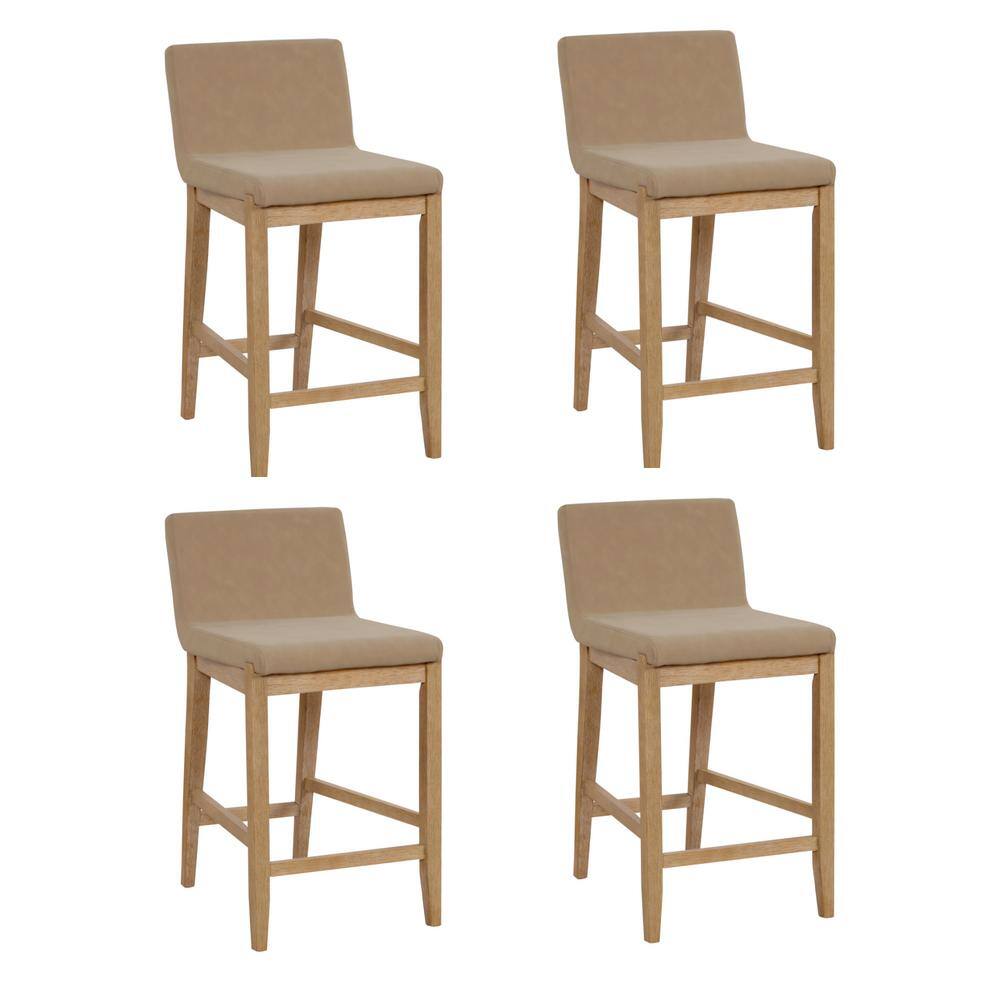 Nathan James Gracie 34 in. Light Brown Wood Modern Counter Height Bar Stool with Back Faux Leather Seat and Brushed Legs Set of 4 24303-4