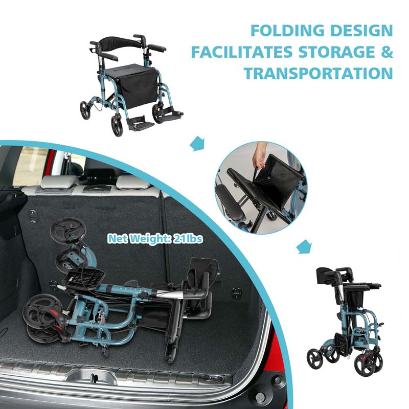 2 in 1 Rollator Walker Wheelchair Folding Medical Walker Rolling Transport Chair Mobility Walking Aid