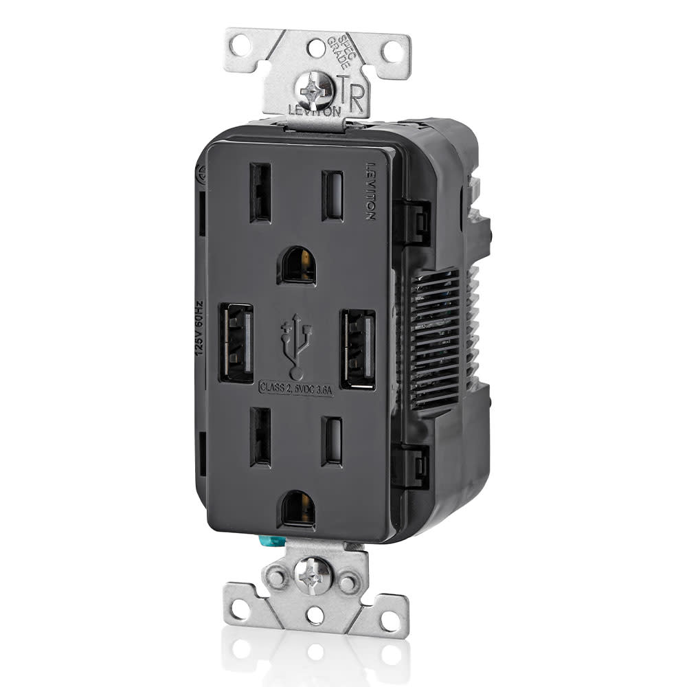 Leviton Decora 15A 125V Black NEMA 5-15R Outlet and USB Charger