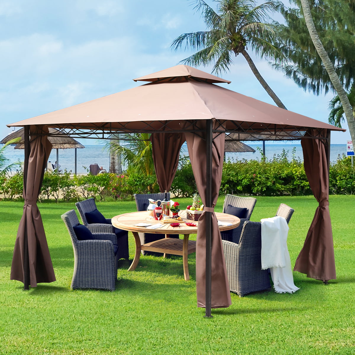 Dkelincs 10’x10’ Gazebo Canopy Tent- Heavy Duty Outdoor Patio Gazebo with Frame & Windshield, Brown