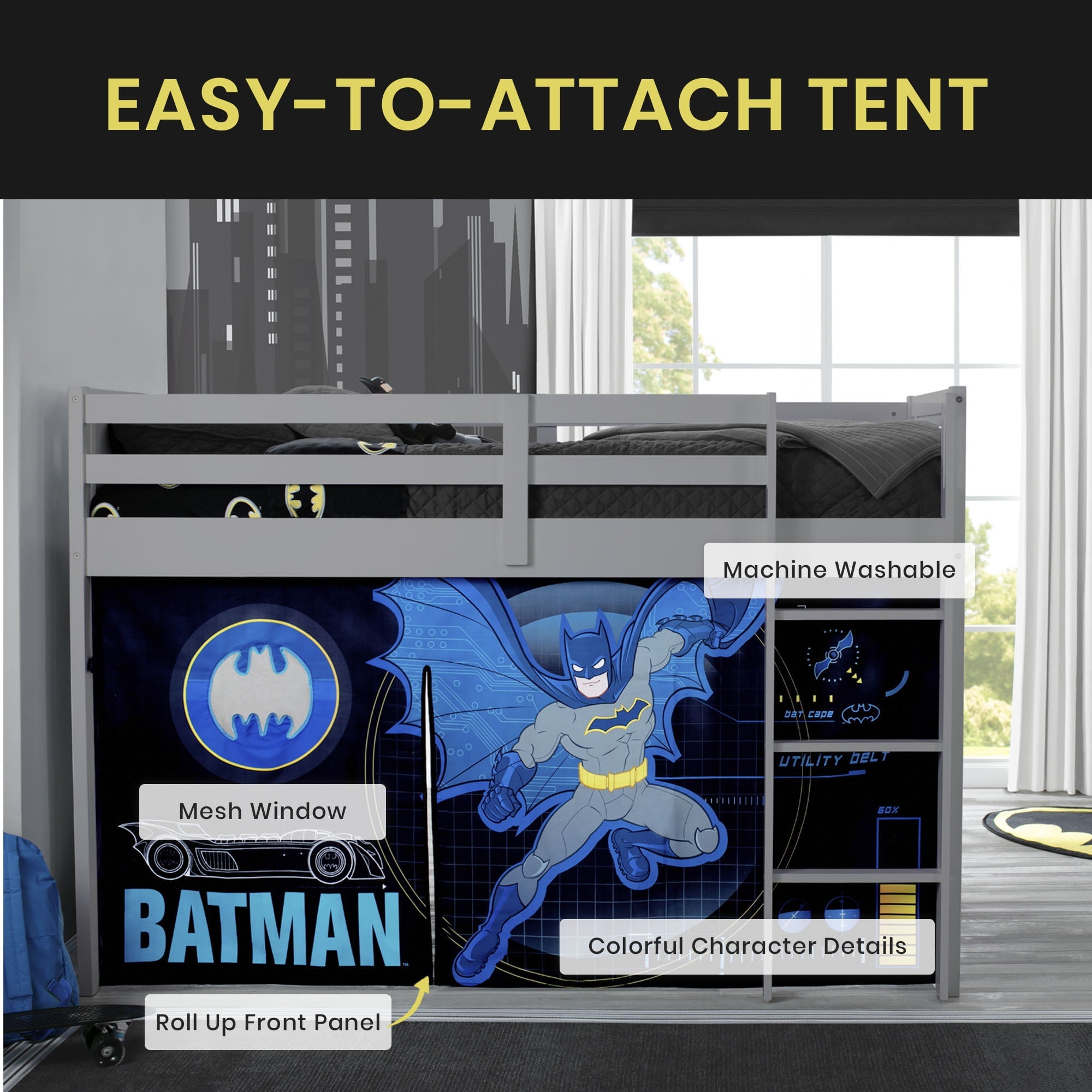 Batman Loft Bed Tent by Delta Children - Curtain Set for Low Twin Loft Bed (Bed Sold Separately)