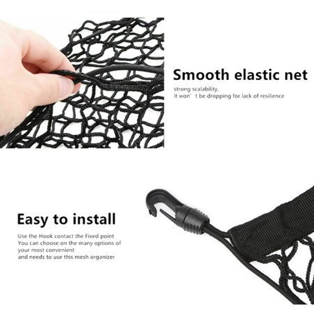 Car Nylon Cargo Trunk Net with 4 Hook， Elastic Mesh Organizer Rear Interior Luggage Storage for SUV Jeep Truck