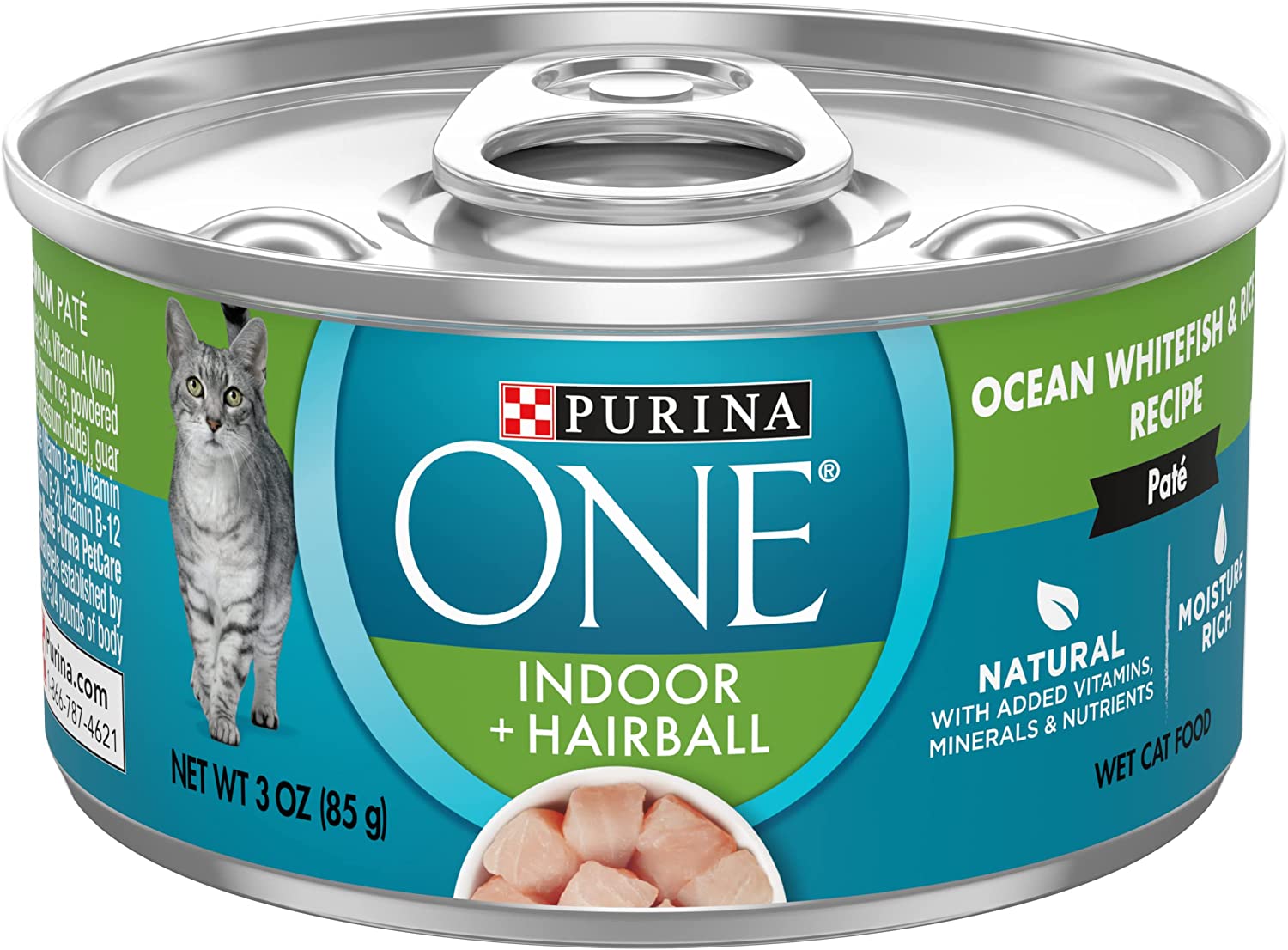 Purina ONE Indoor Natural High Protein Pate Wet Cat Food， Indoor Advantage Ocean Whitefish and Rice - (12) 3 oz. Pull-Top Cans