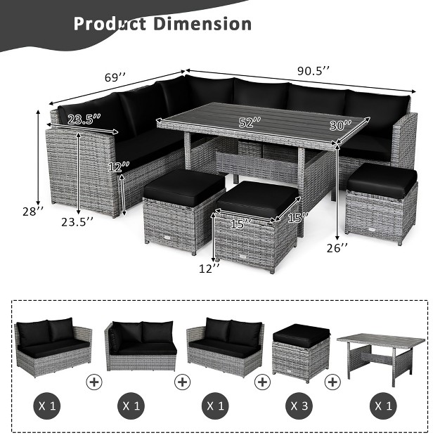 Costway 7 Pcs Patio Rattan Dining Set Sectional Sofa Couch Ottoman Garden White red black