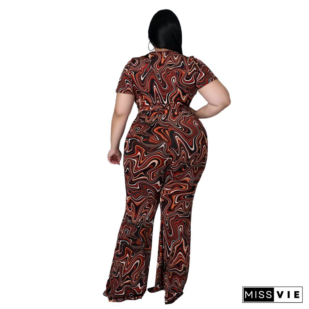 Plus Size Print Short Sleeve Crop Top Flared Pants Suit