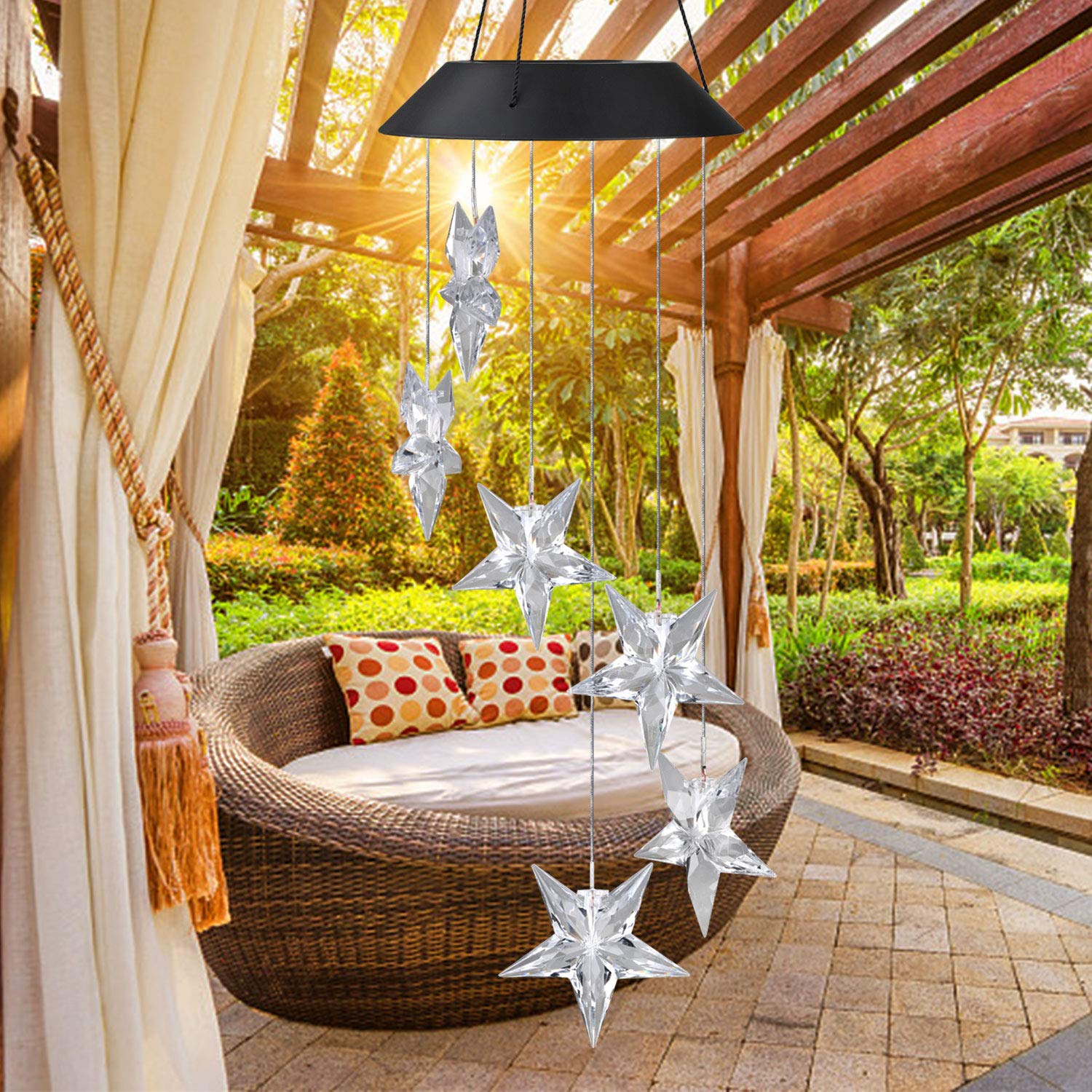 Solar Power Wind Chime， Color-Changing Star LED Wind Chime Waterproof Outdoor Decorative Automatic Wind Mobile Bell Light for Patio Yard Garden Home