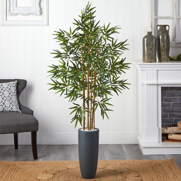 Nearly Natural 5-ft Bamboo Tree In Gray Cylinder Planter