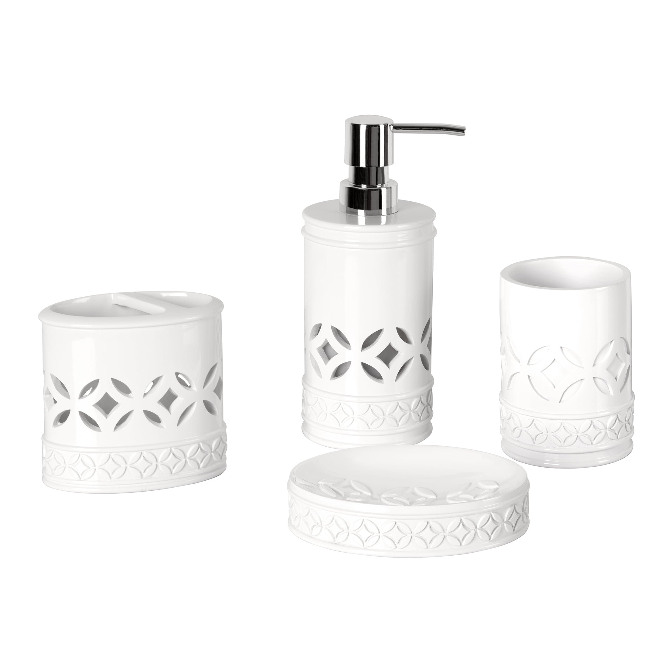 Allure Home Creations Cayden 4 Piece Embossed Resin Bath Accessories Set， White