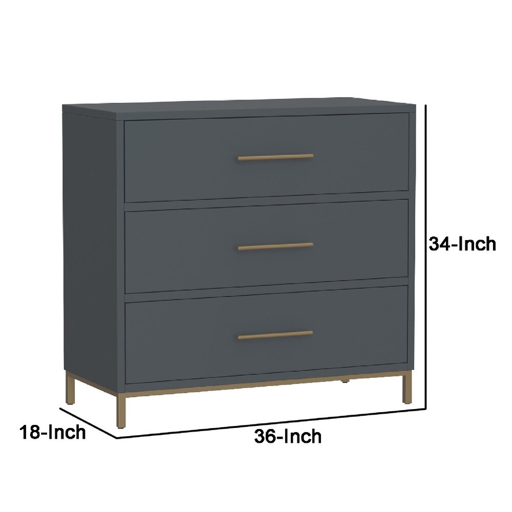 Max 36 Inch 3 Drawer Small Dresser Chest  Brass Metal Frame  Slate Gray