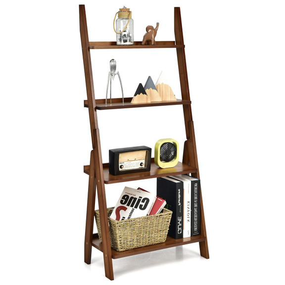 Costway 39246085 4 Tier Bamboo Ladder Shelf Bookca...