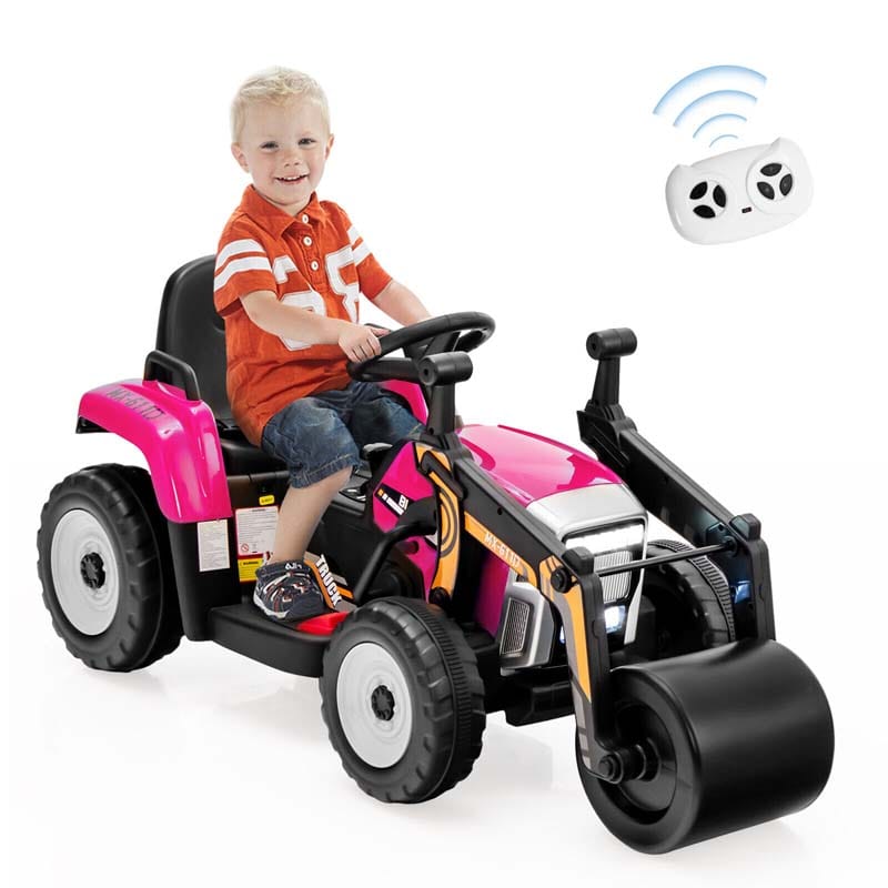 12V Kids Ride On Road Roller with Drum Roller, Battery Powered Electric Tractor RC Construction Vehicle