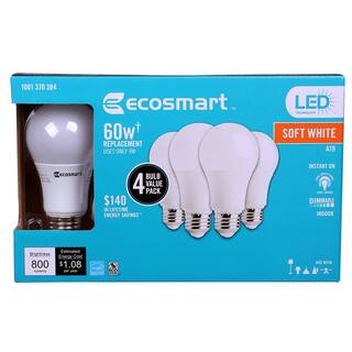 EcoSmart 60-Watt Equivalent A19 Dimmable Energy Star LED Light Bulb Soft White (4-Pack) A810SS-Q1D-01