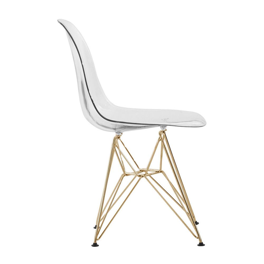 LeisureMod Cresco Molded Eiffel Side Chair with Gold Base - Clear