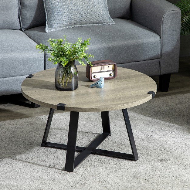 Homcom Round Coffee Table Accent Center Table Steel Legs Living Room Furniture Wooden Coffee Table Light Gray