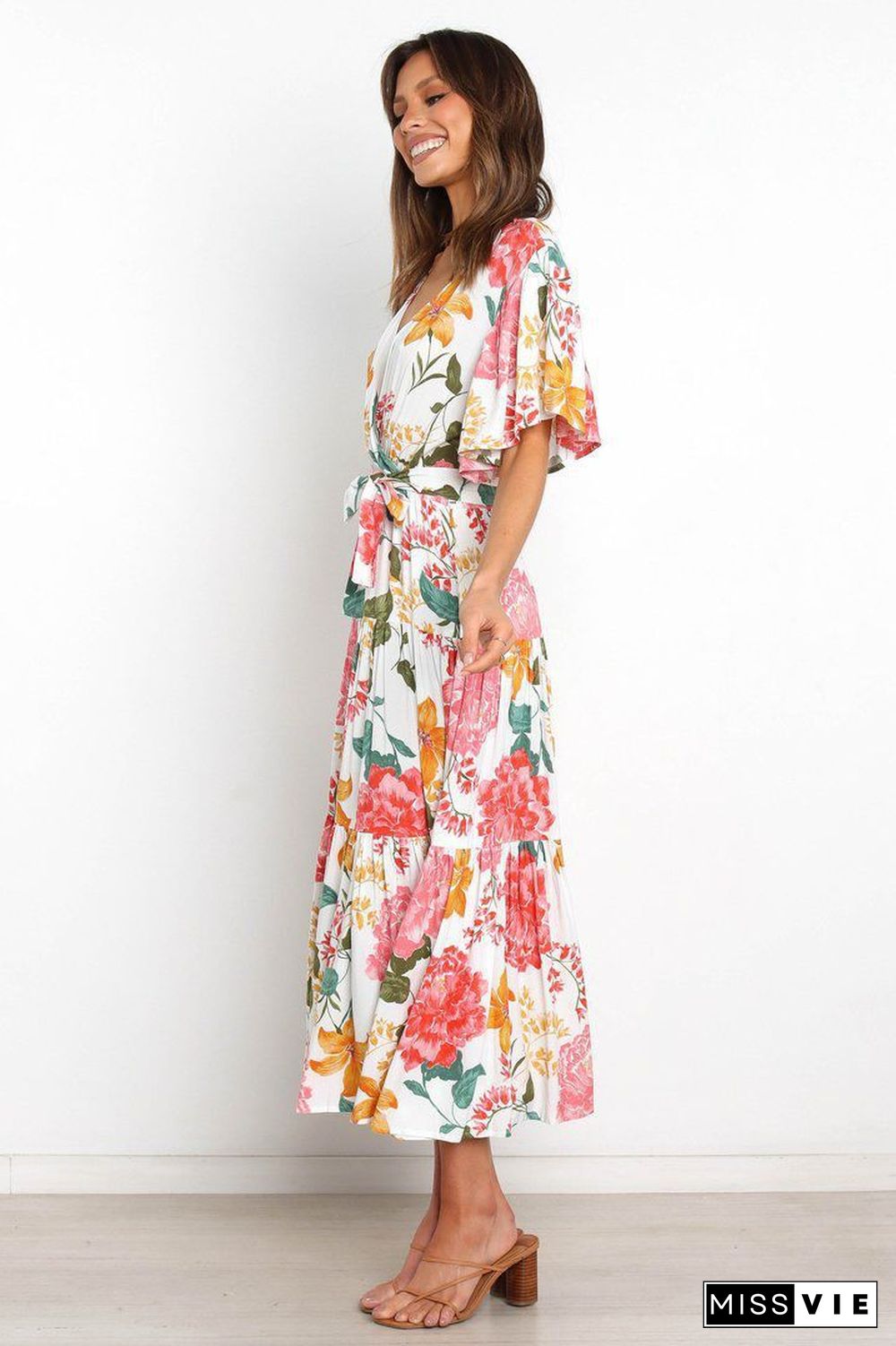 Floral V Neck Short Sleeve Maxi Dress