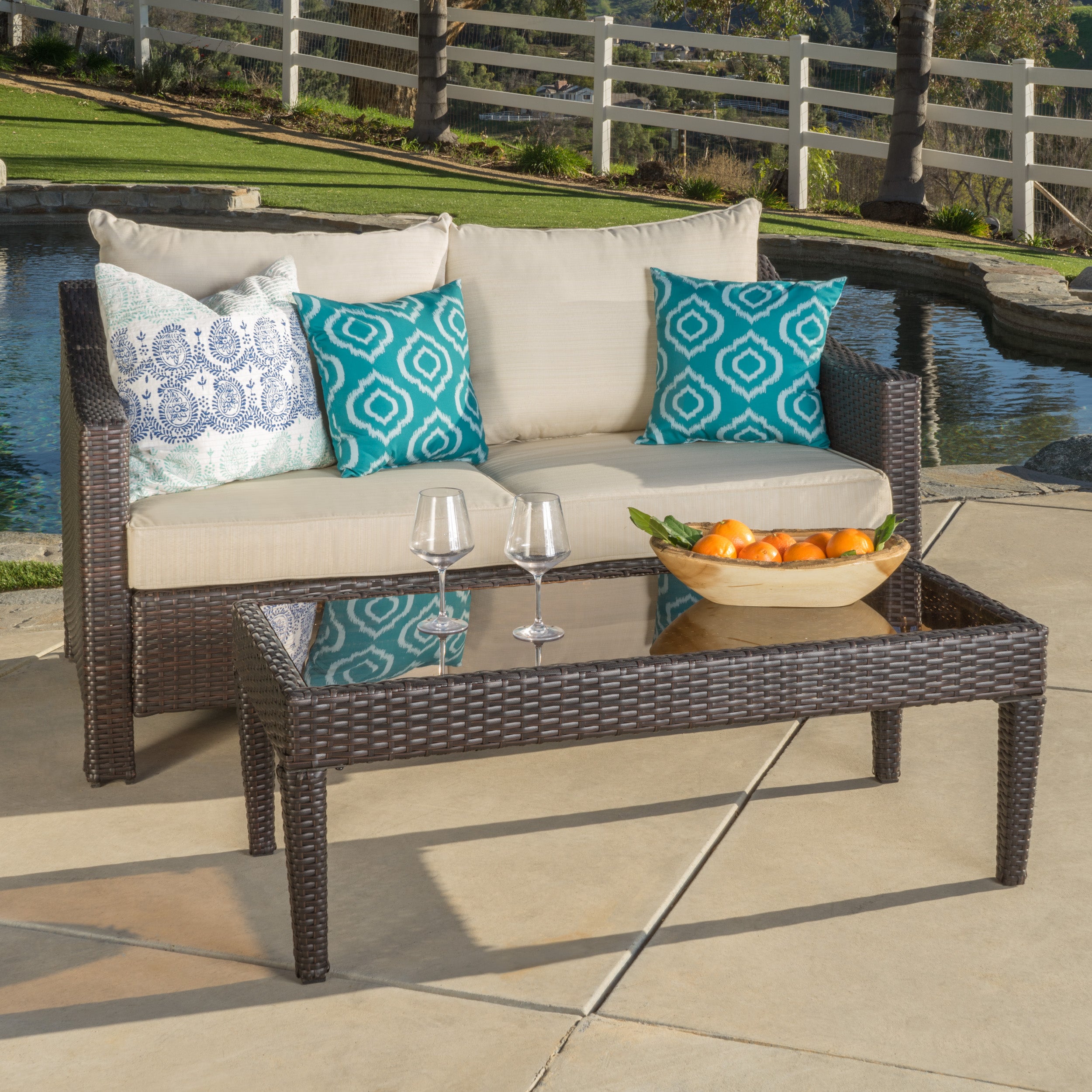 Aspen Outdoor Wicker Loveseat and Coffee Table with Cushions