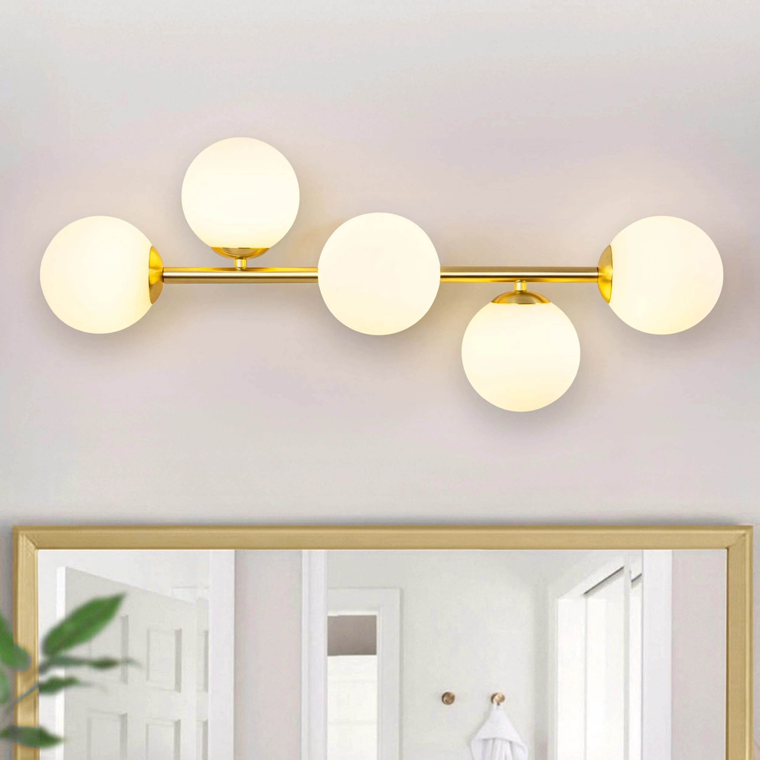 5-Light 27 in. Modern Gold Vanity Light with Frosted Glass Shade - 27 in. W