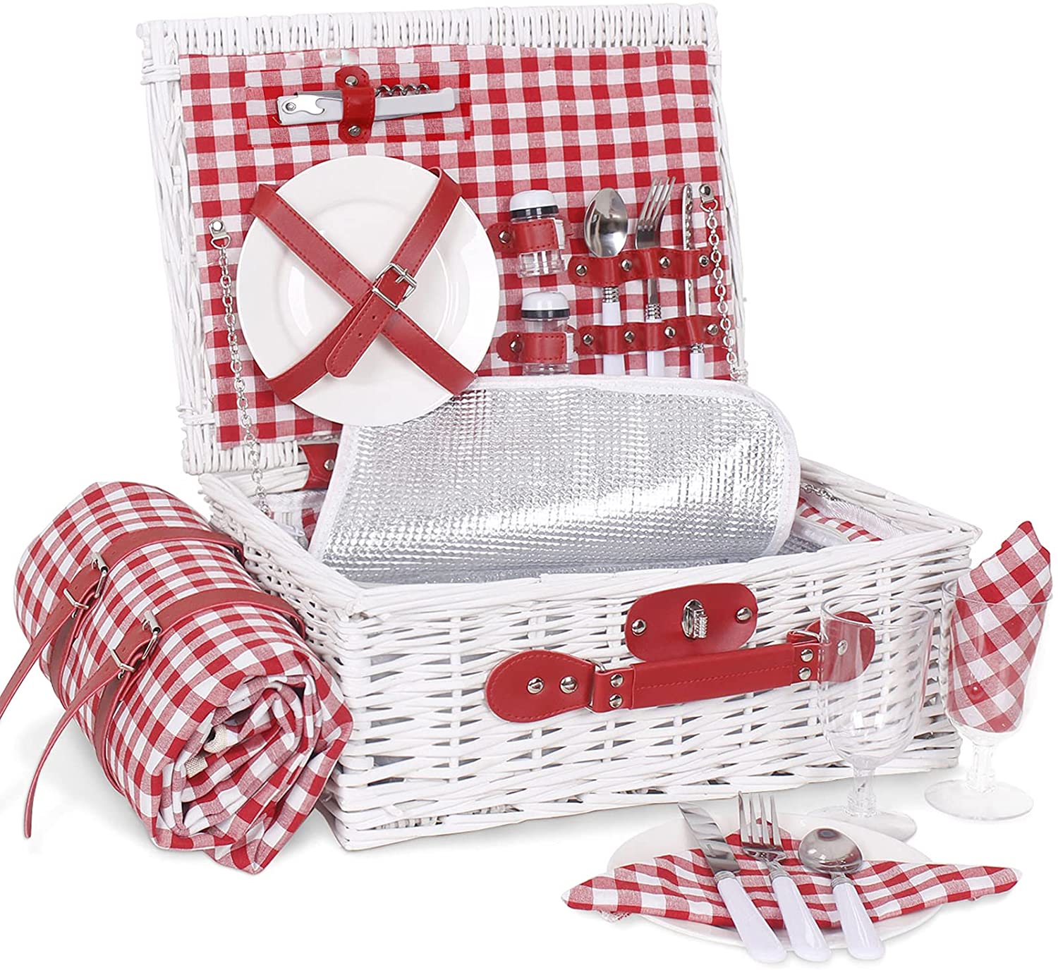 Nukied Wicker Picnic Basket Sets for 2 Persons，Cutlery Service Kit with Insulated Cooler Compartment for Family，Unique Gift for Wedding