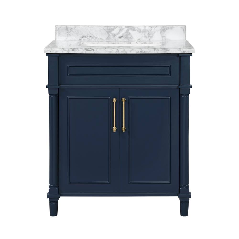 Home Decorators Collection Aberdeen 30 in. x 22 in. D x 34.5 in. H Bath Vanity in Midnight Blue with White Carrara Marble Top Aberdeen 30MB