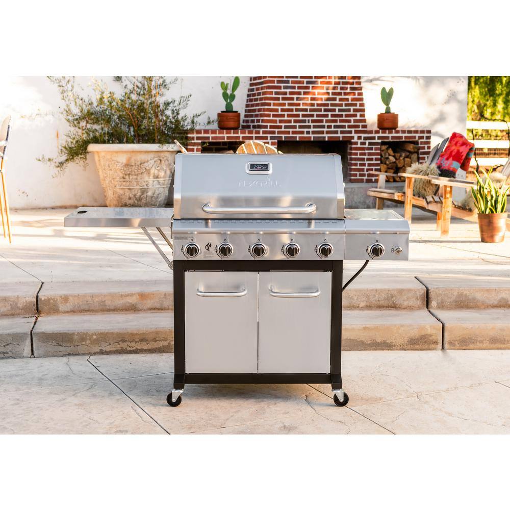 Nexgrill 720-1046 5-Burner Propane Gas Grill in Stainless Steel with Side Burner and Foldable Side Shelf