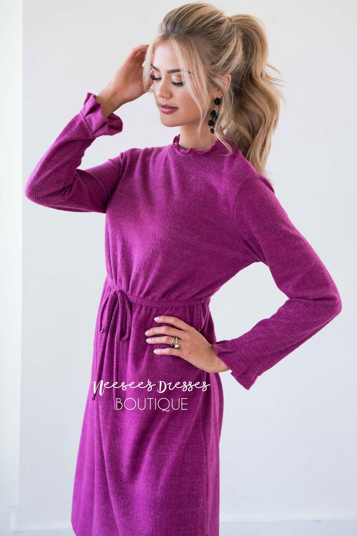 The Keely Ruffle Neckline & Wrists Sweater Dress