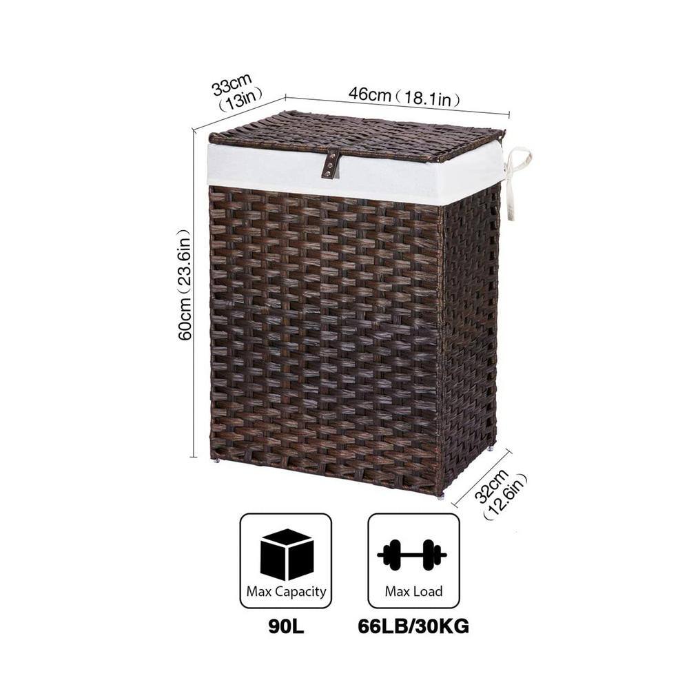 90L Rattan Laundry Basket Hamper with 2 Removable Liner Bags Brown hamper-137