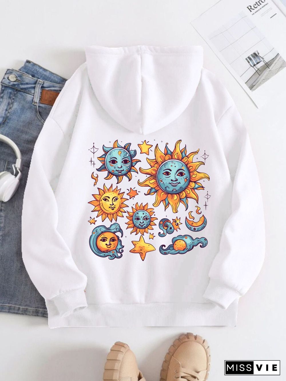 Printed on the Back Kangaroo Pocket Hoodie Long Sleeve for Women Pattern Sun and Moon Painting