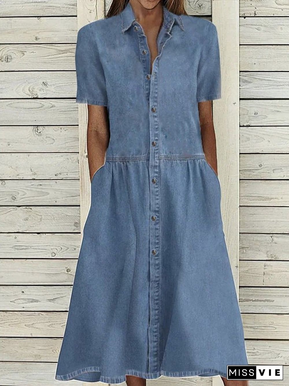 Women'S Dresses Casual Lapel Button Pocket Denim Dress