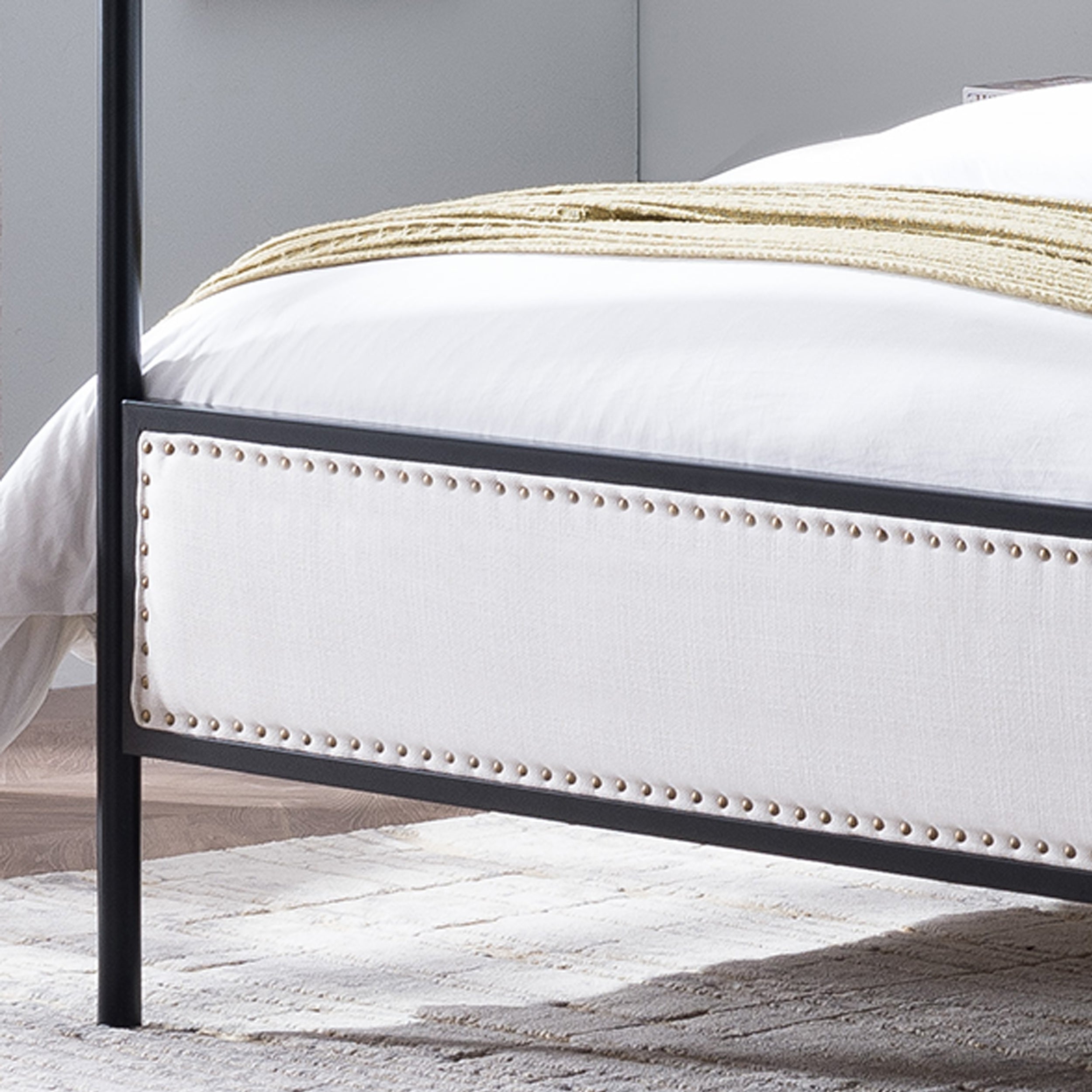 Asa Queen Size Iron Canopy Bed Frame with Upholstered Studded Headboard