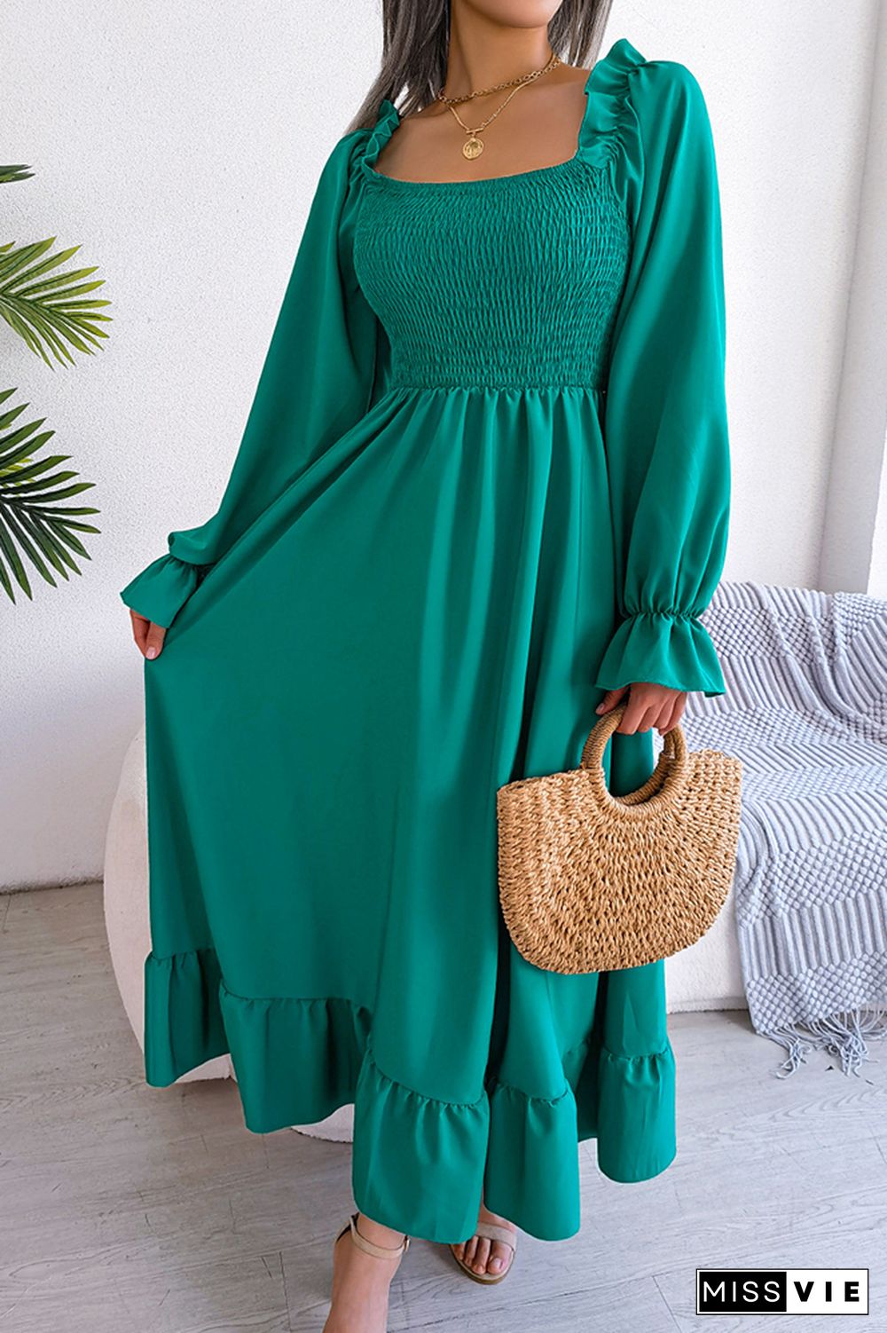 Plain Square Neck Smocked Top Maxi Dress