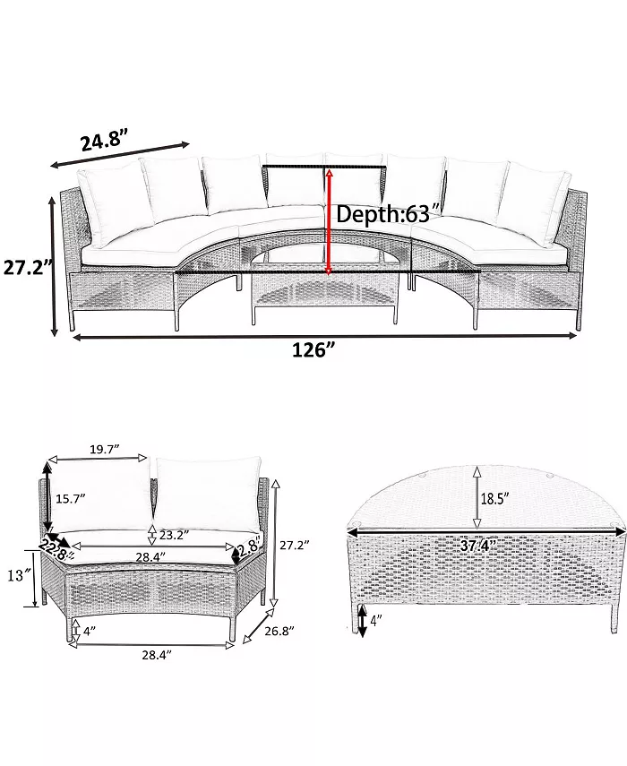 Simplie Fun 5 Pieces All-Weather Brown PE Rattan Wicker Sofa Set Outdoor Patio Sectional Furniture Set Half-Moon Sofa Set with Tempered Glass Table Gray