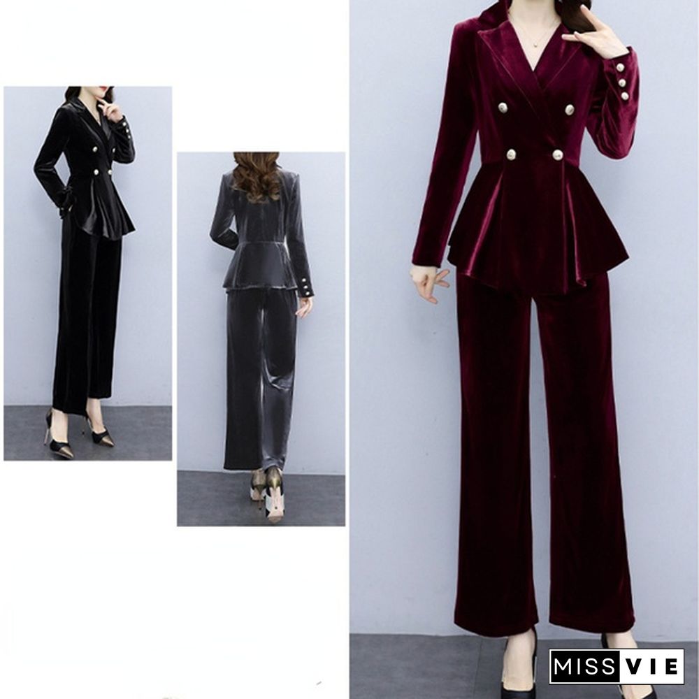 Fashion Women Velvet Peplum Blazer Business Formal Jacket Pants Trousers Suit Set Office Outfits