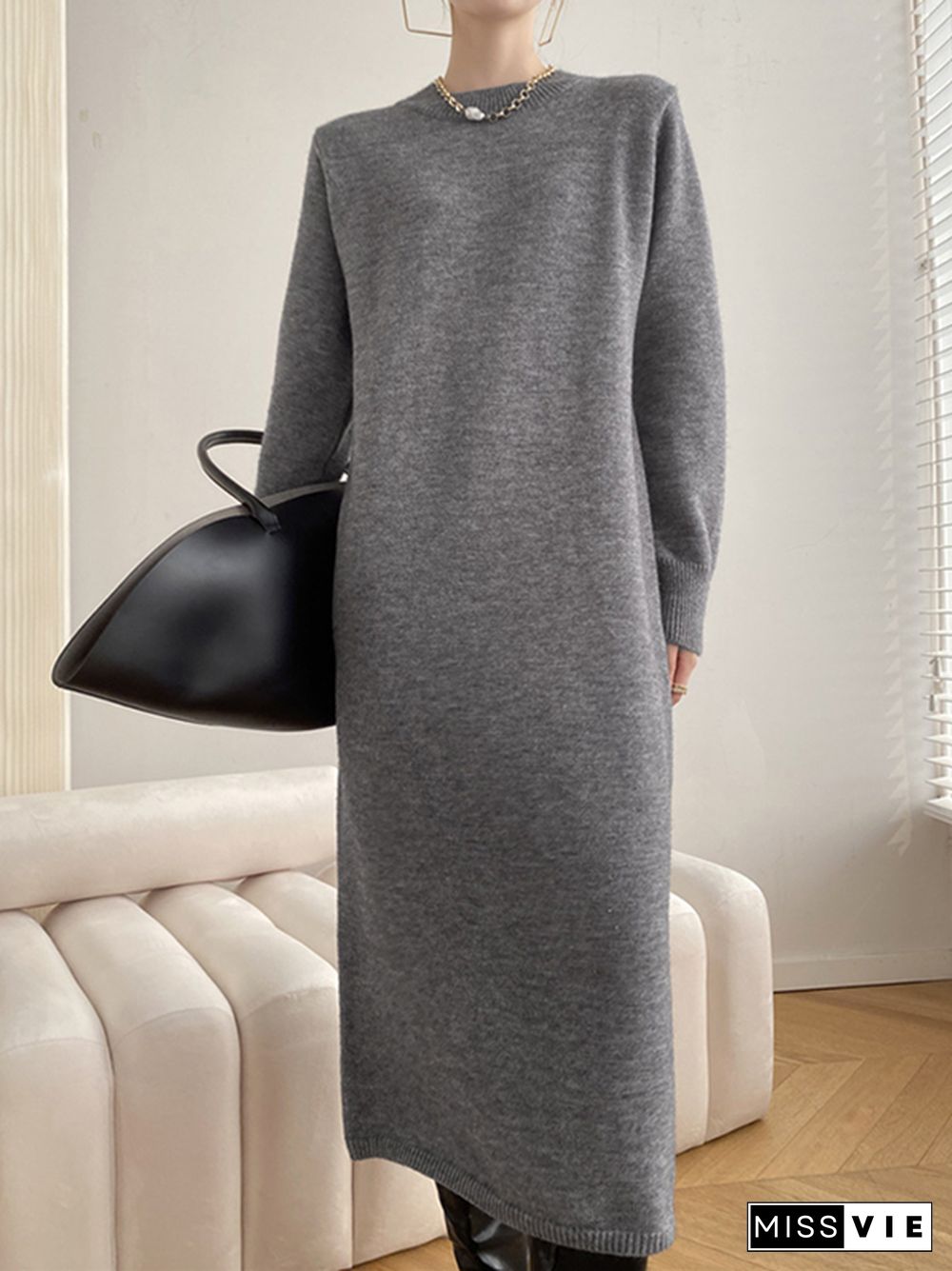 Urban Loose Long Sleeves Solid Color Round-Neck Sweater Dresses