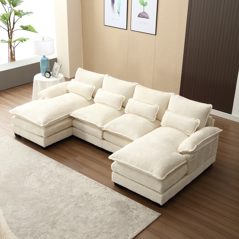 Beige Sectional Sofa Symmetrical Thick Cushion Reversible Recliner