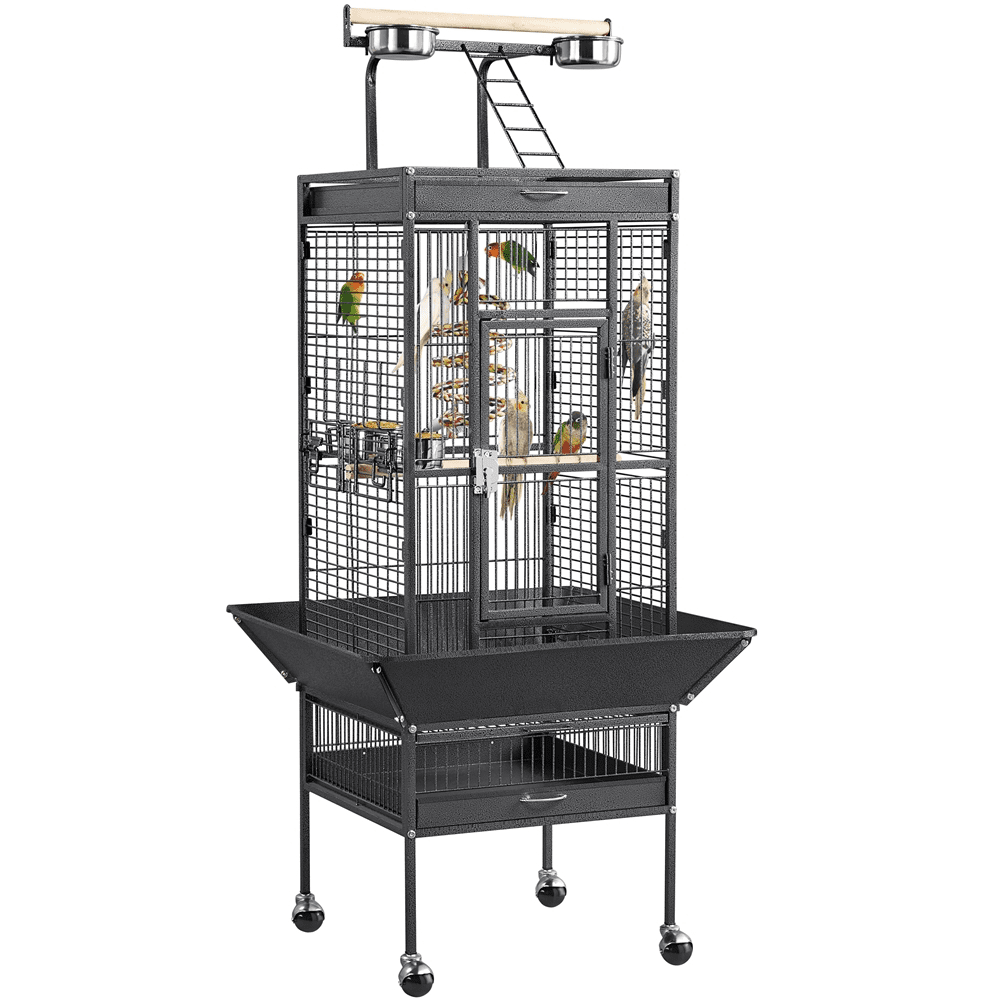 61.5inch Rolling Metal Bird Cage for Cockatiel Lovebird， Black