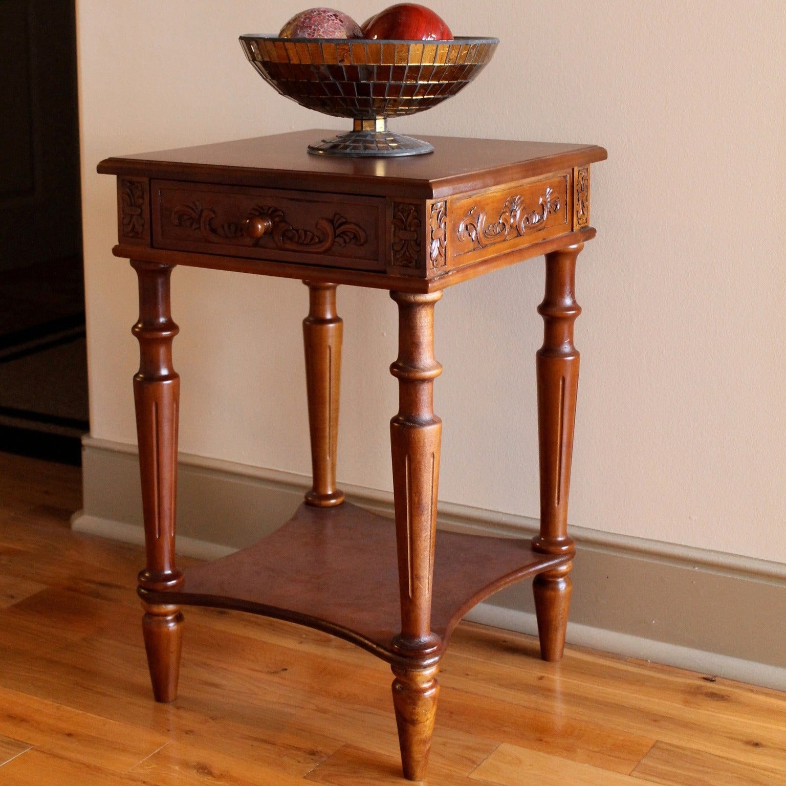 International Caravan Windsor Hand-carved 2-tier Table with Drawer