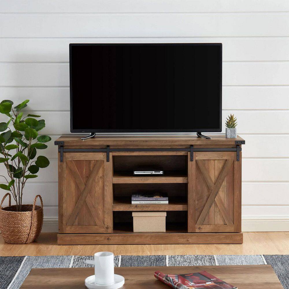 EDYO LIVING Rustic Farmhouse TV Stand Table With Sliding Barn Door Rustic Oak CYTVS15-RSO