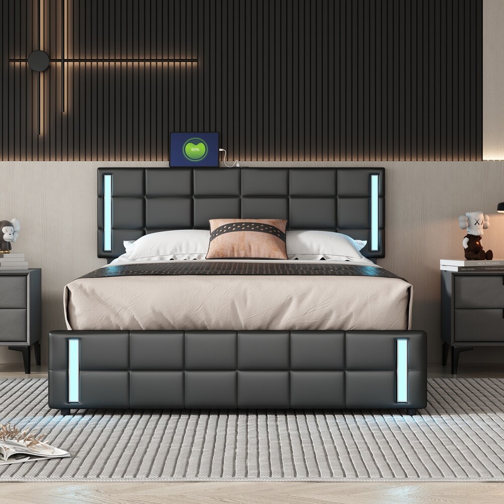 Queen Size Upholstered Platform LED Bed Frame