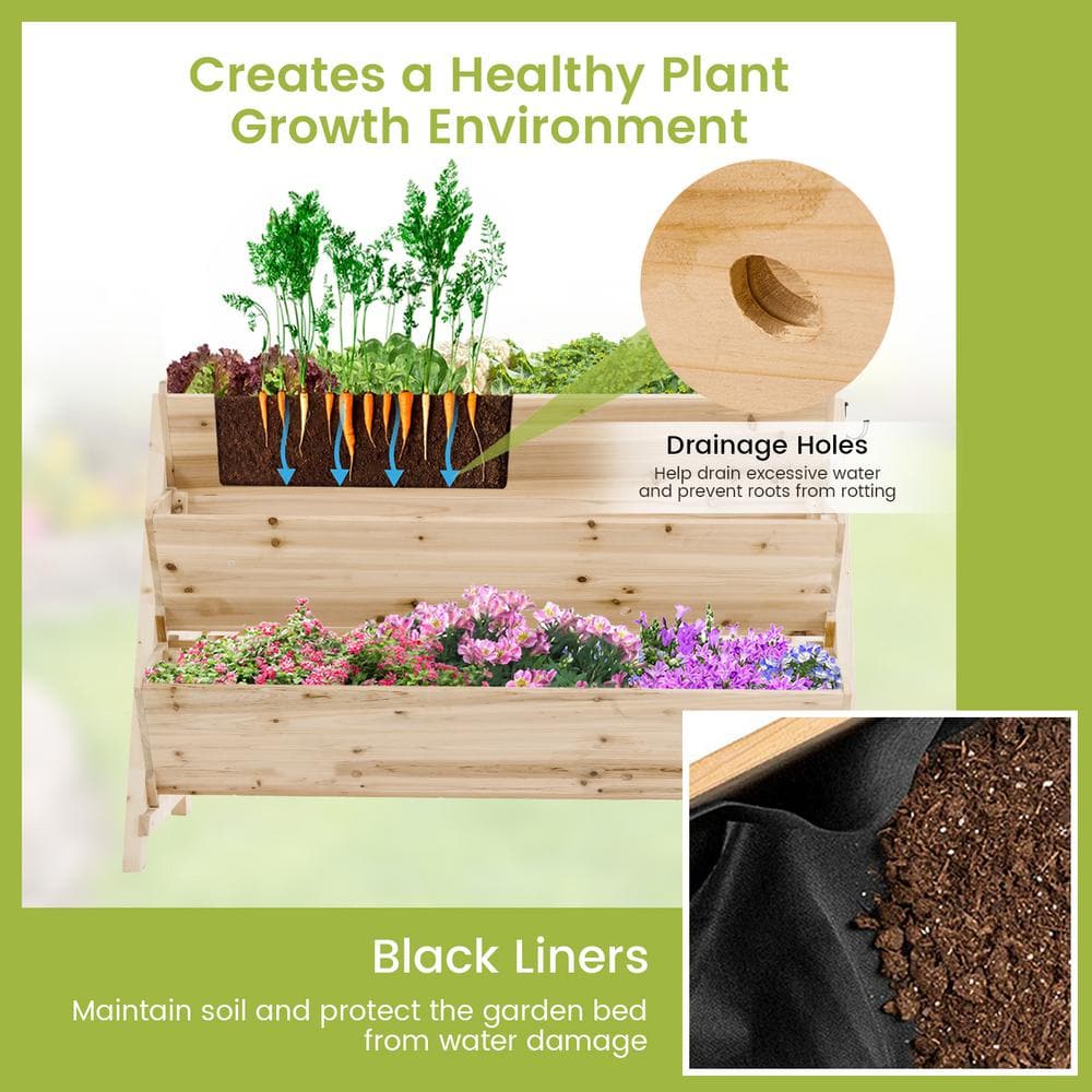 HONEY JOY 3-Tier Vertical Garden Bed Wooden Elevated Planter Bed W/Legs Storage Shelf 2 Hooks Raised Bed Kit TOPB006558