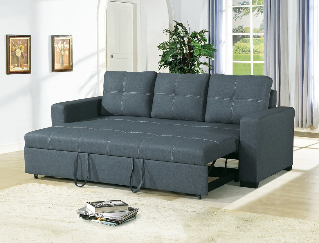 Convertible Sofa Bed Bobkona Living Room Sofa w Pull out Bed Accent Stitching Comfort Couch Blue Grey Polyfiber