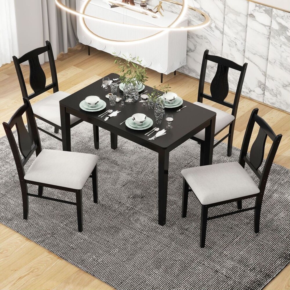 5 Piece Kitchen Dining Table Set Wooden Table and 4 Upholstered Chairs