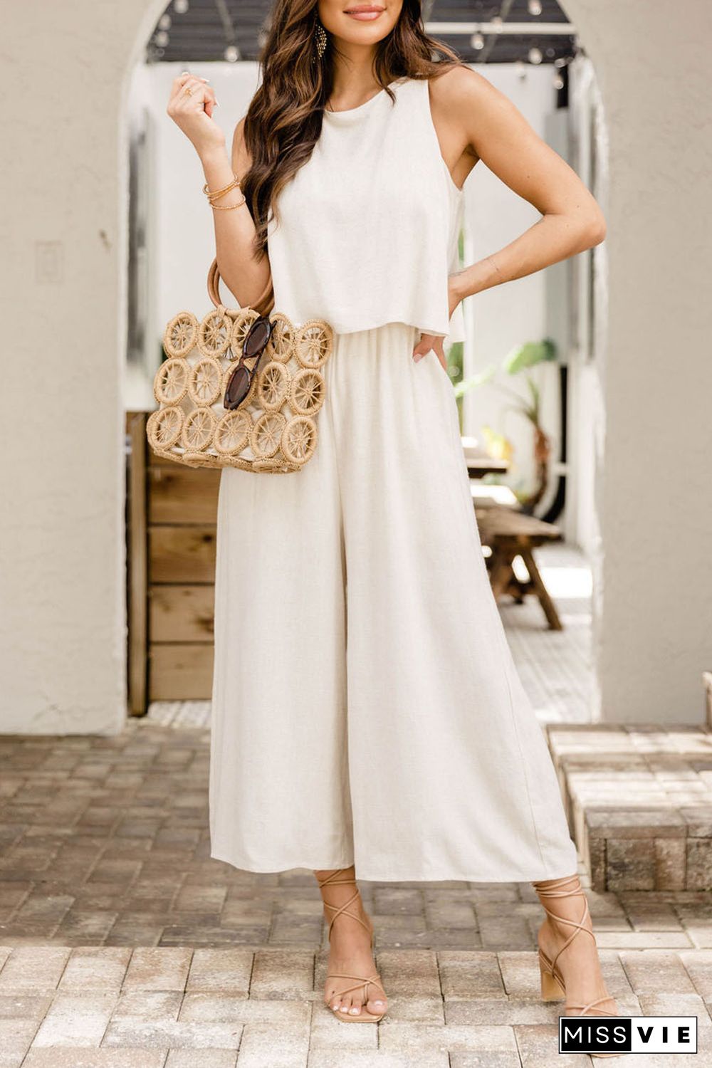 Apricot Sleeveless Ankle Length Wide Leg Jumpsuit