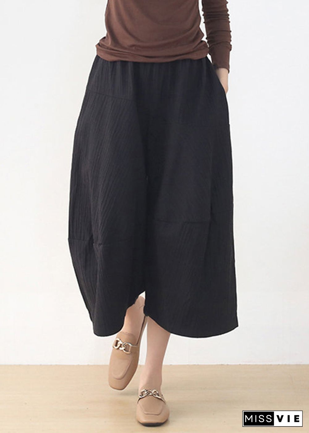 Casual Black Elastic Waist Pockets Linen Wide Leg Pants Fall