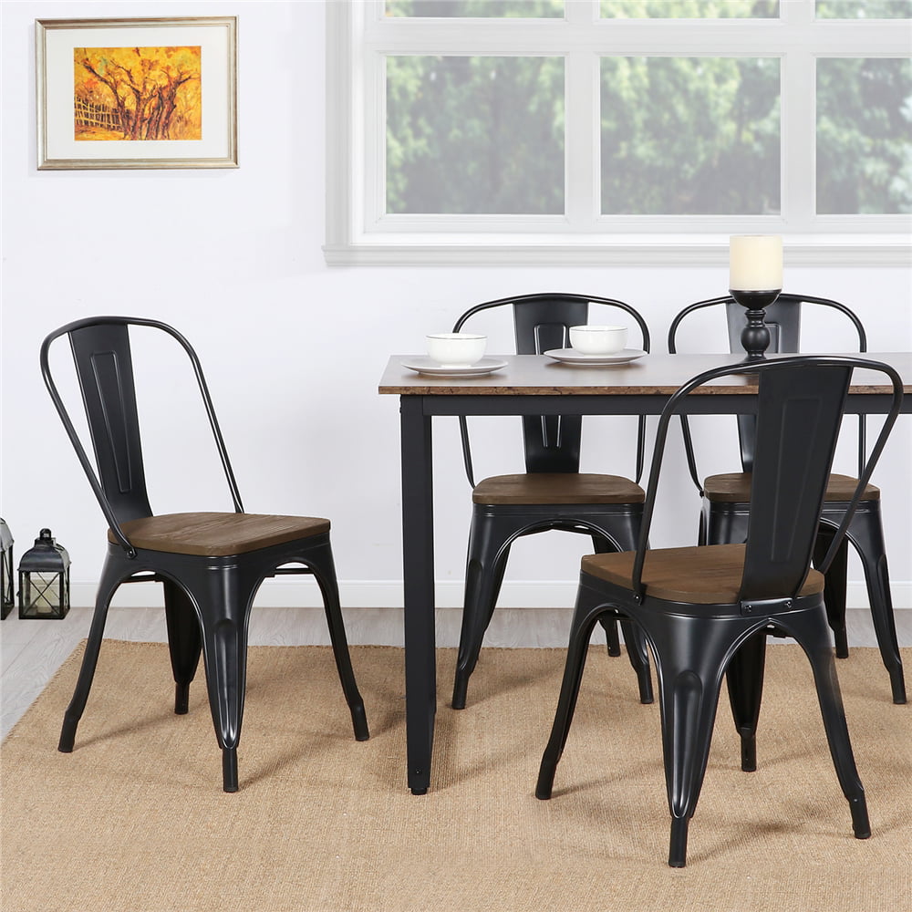 Alden Design Metal Stackable Dining Chairs with Wooden Seat， Set of 4， Black