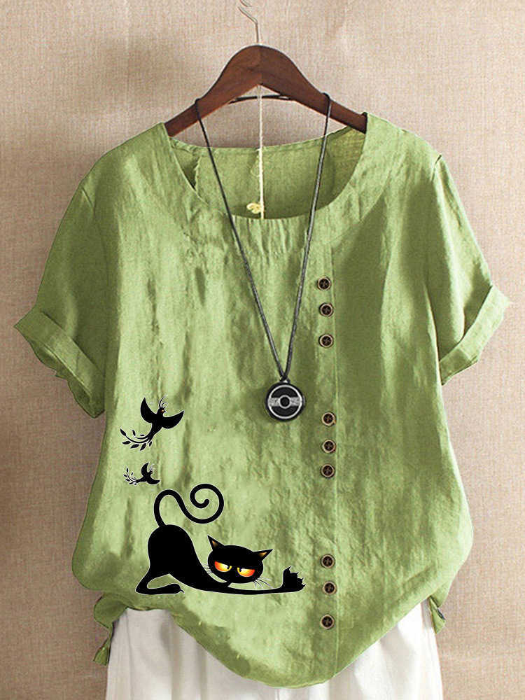 Round Neck Casual Loose Cat Print Short Sleeve Blouse