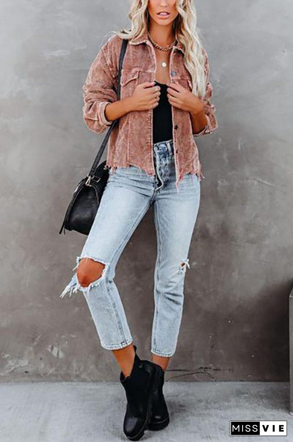 Frayed Hem Cropped Corduroy Jacket